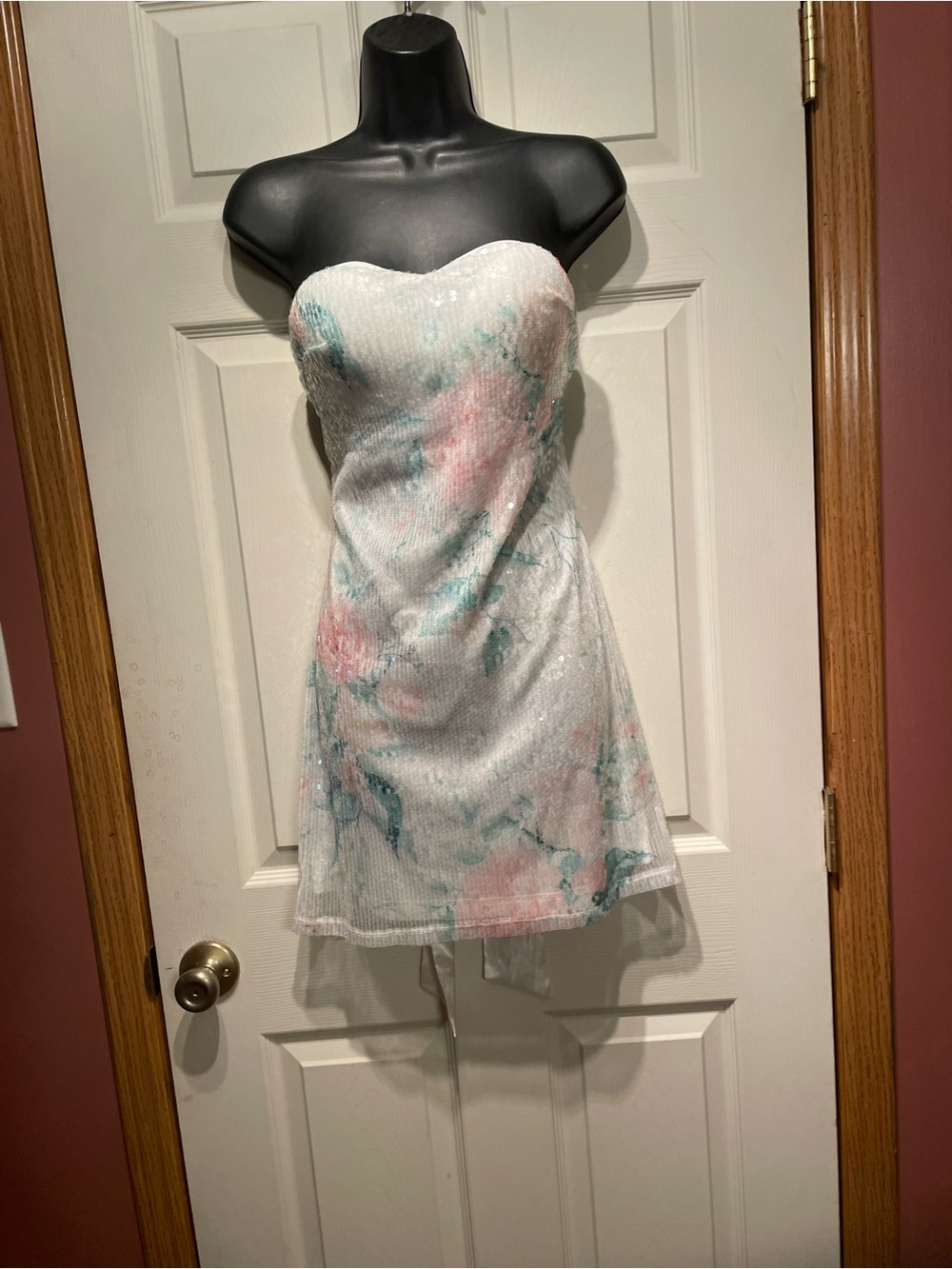 Strapless Floral Sequin Mini Dress - White with Pink & Teal